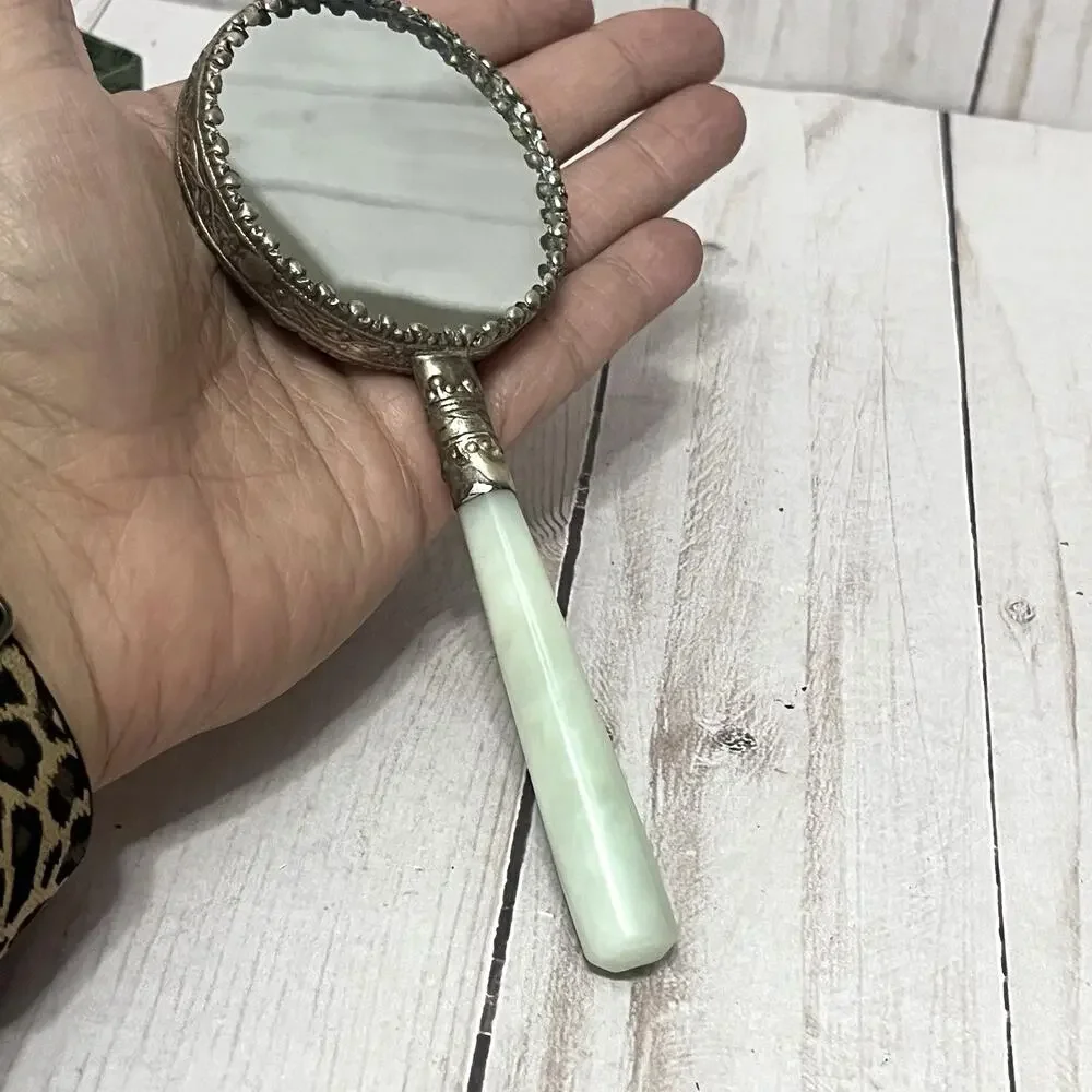 Vintage Asian Vanity Mirror Geisha Enamel Green Handle Cloisonné Style